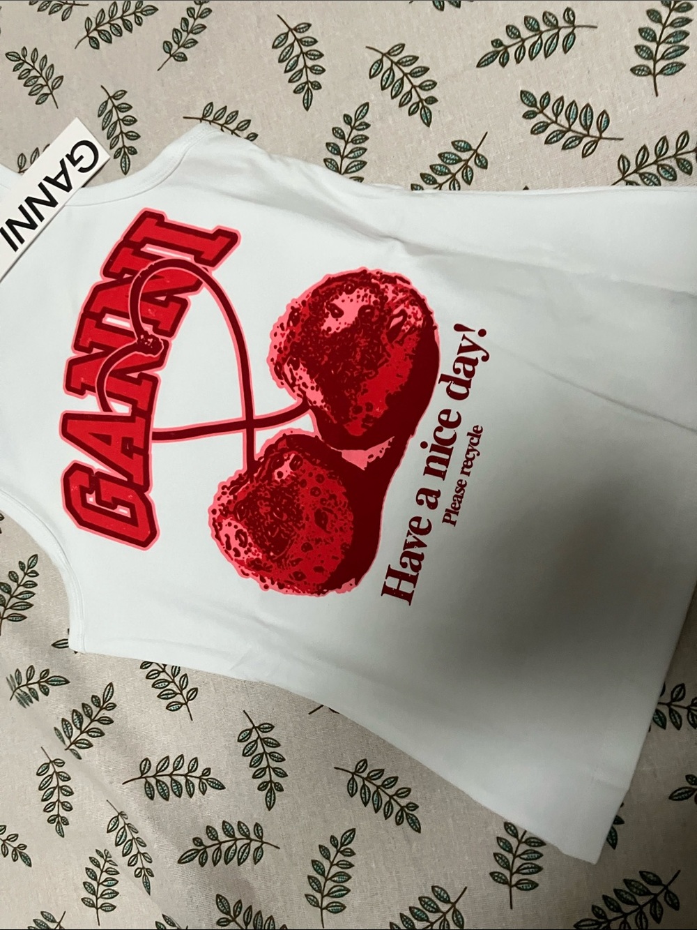 Ganni White Tank Top with Red Cherry heart Graphic print sleeveless Tee - Picture 4 of 6